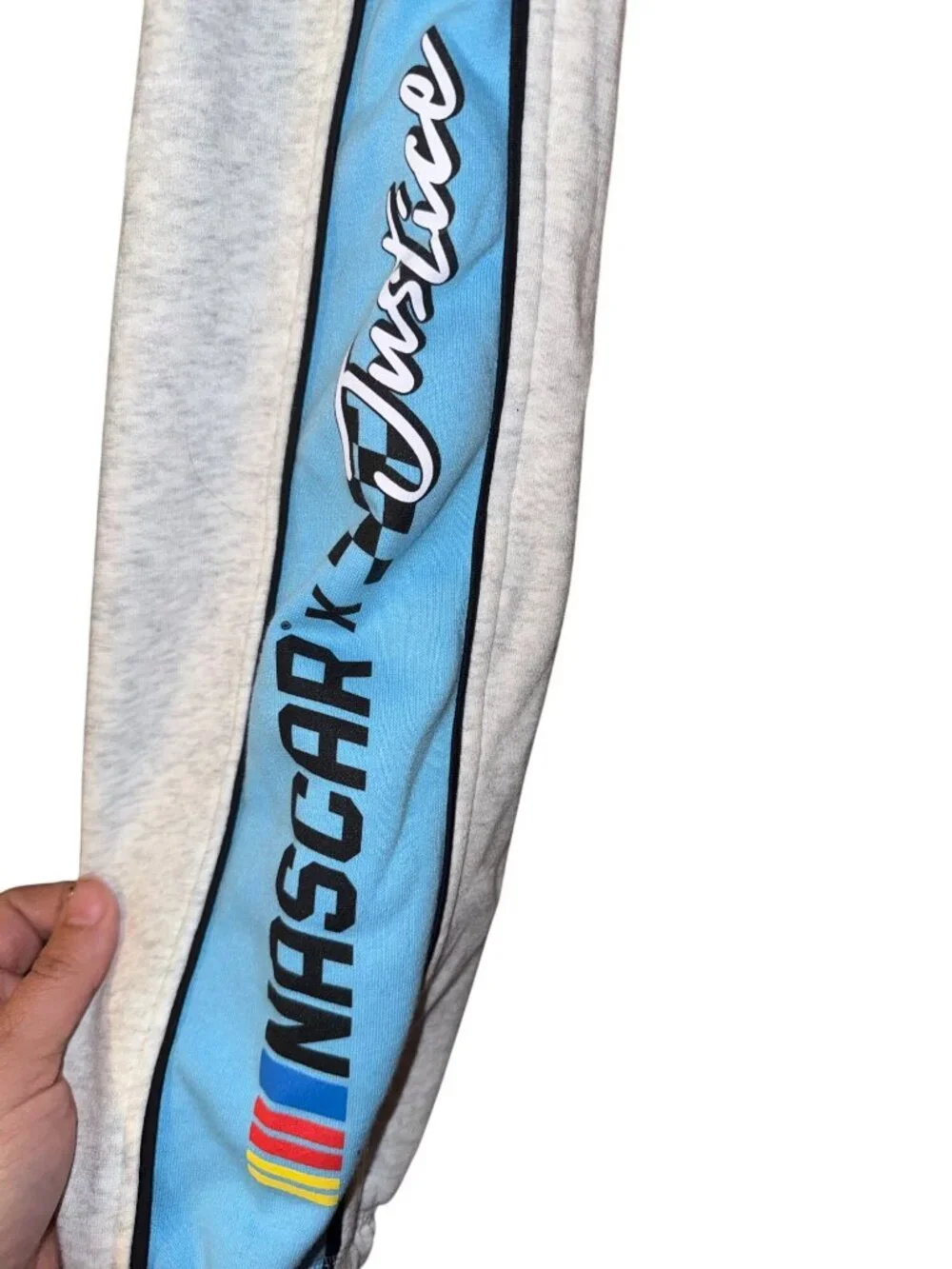 NASCAR X Justice Girls Heather Gray & Blue Jogger Sweatpants With Side Stripe &